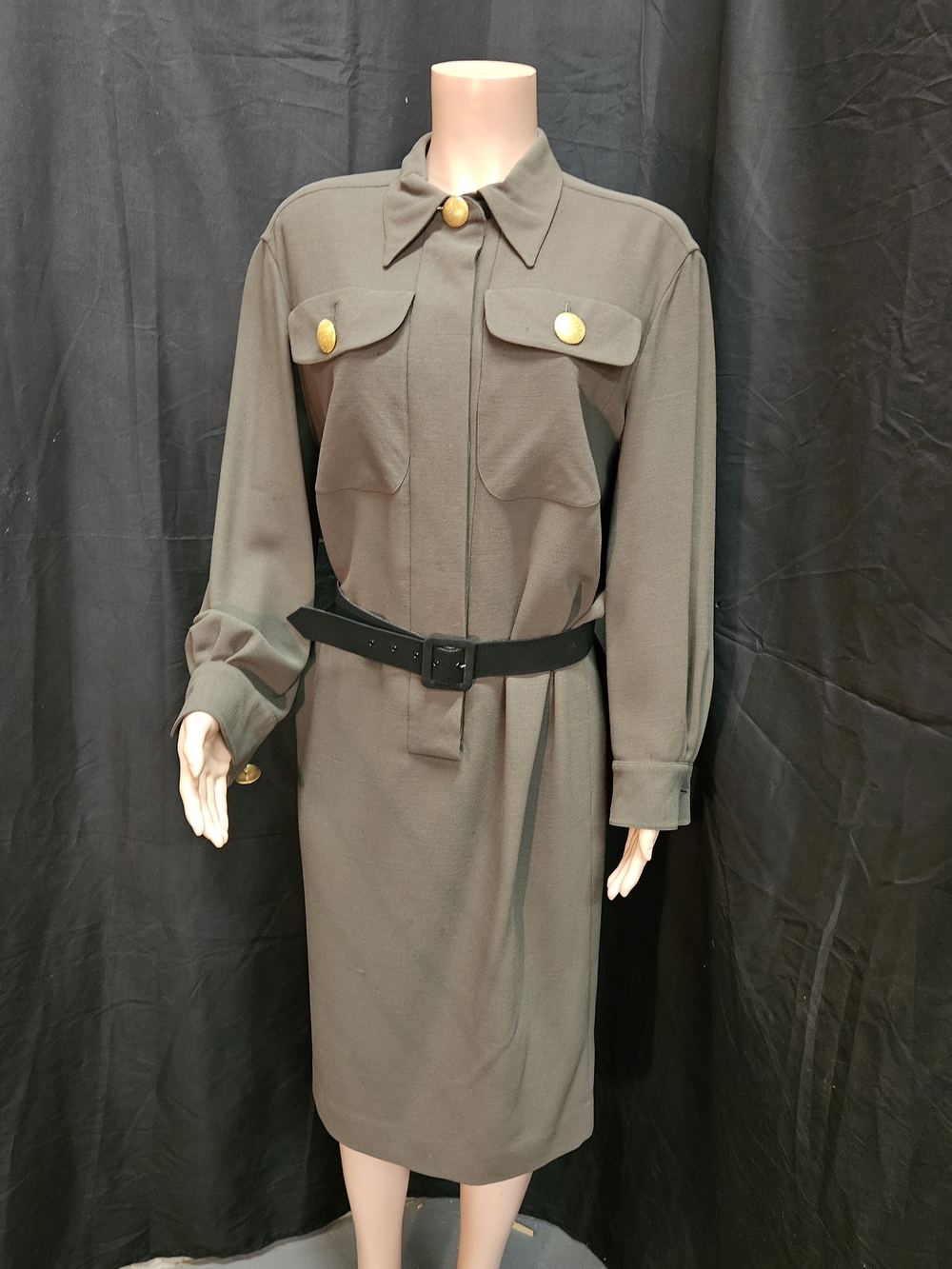 A90 AKRIS Olive Green Long Sleeve Shirt Dress with Gold Buttons Size 10